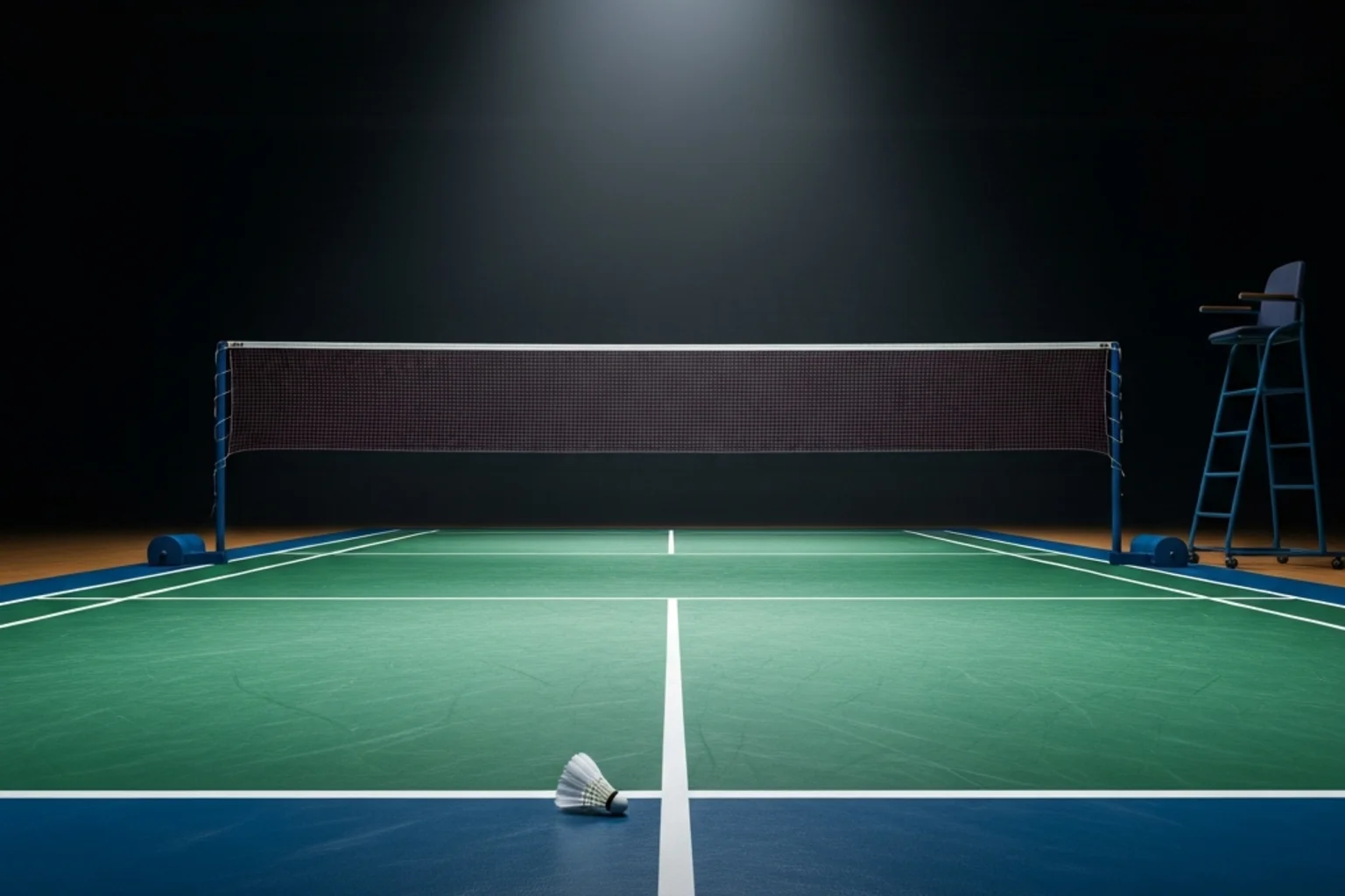 Court de badminton vide et éclairé symbolisant la surveillance de l’intégrité sportive