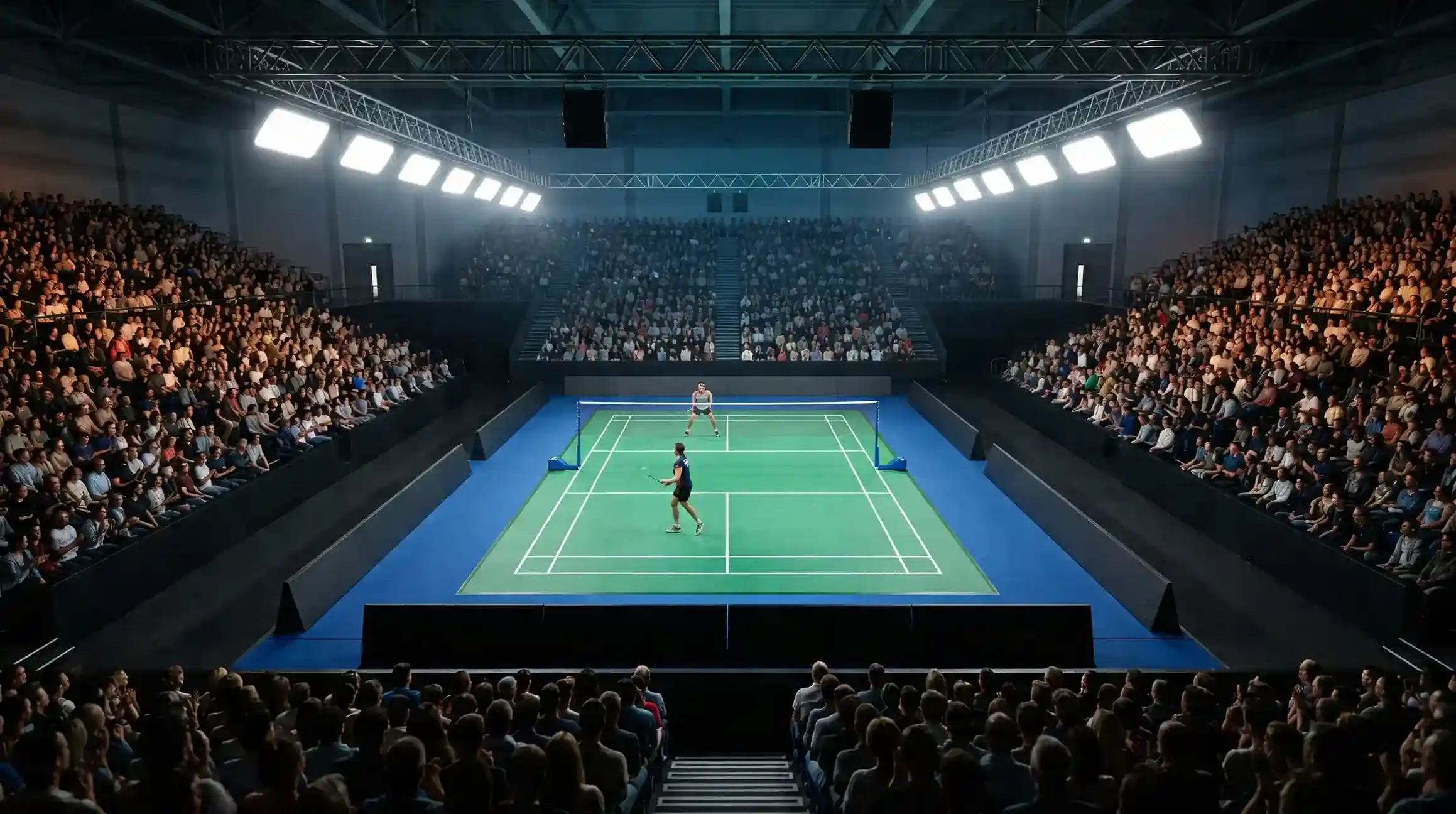 Vue intérieure d’une arène BWF World Tour avec court central et tribunes pleines